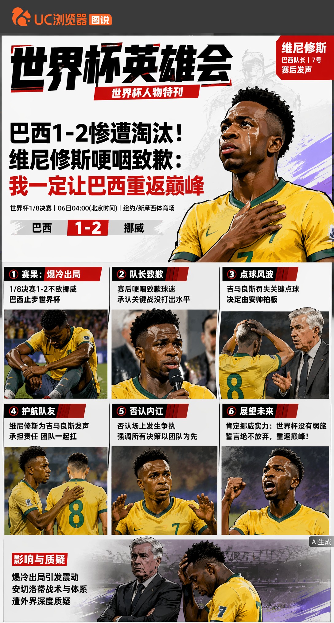 巴西1-2惨遭淘汰！维尼修斯哽咽致歉：我一定让巴西重返巅峰