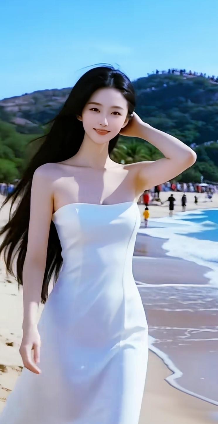 海边漫步，白裙飘飘，阳光明媚，美不胜收！🌊👗🌞脚下的细沙绵软而温热，随着海