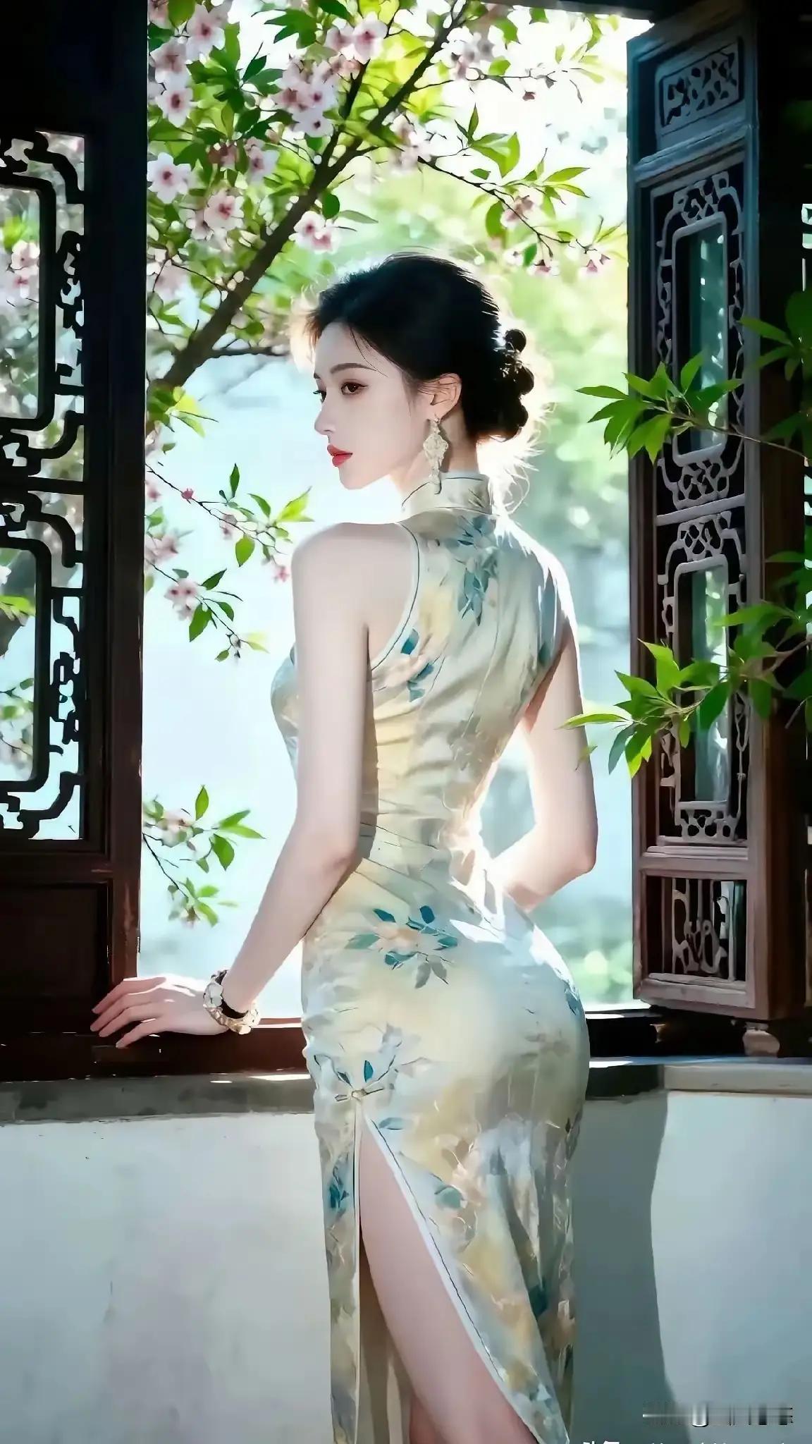 古风少女倚窗思，花影摇曳入画来。