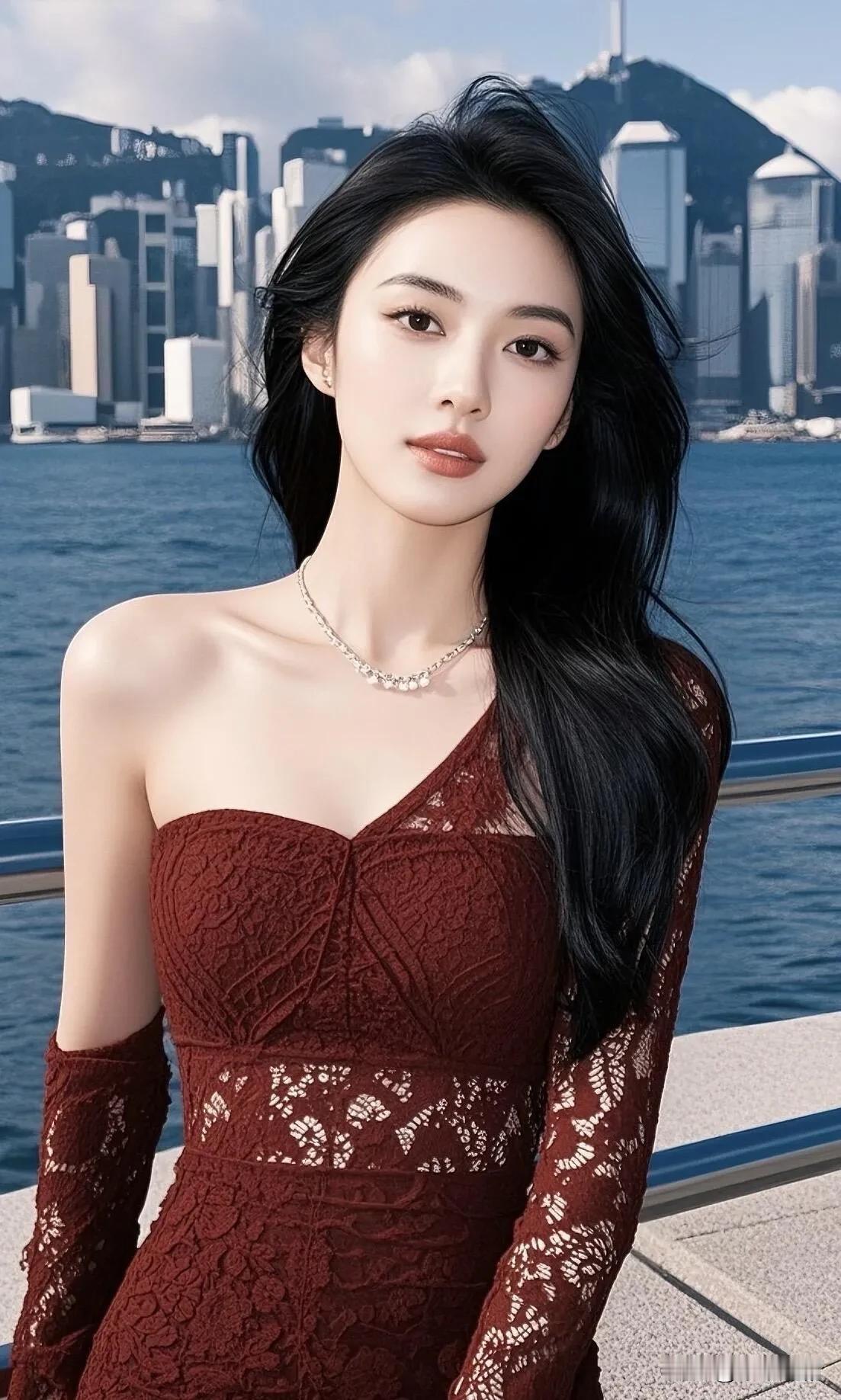 如何成为一个时尚的女孩?酒红蕾丝斜肩裙衬着维港海景，碎钻项链点缀揉出明艳又冷艳