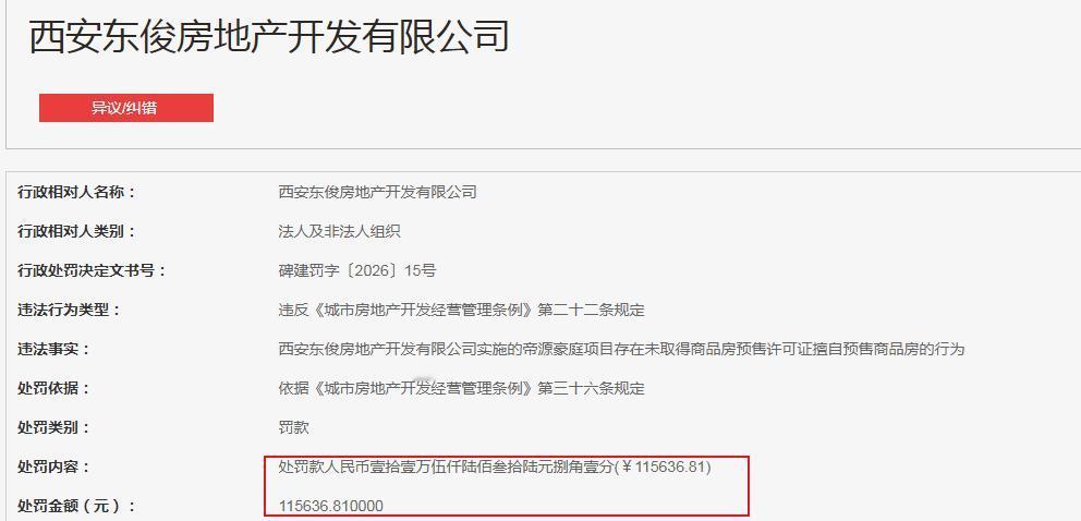 罚款11万西安东俊房地产开发有限公司西安东俊房地产开发有限公司实施的帝源