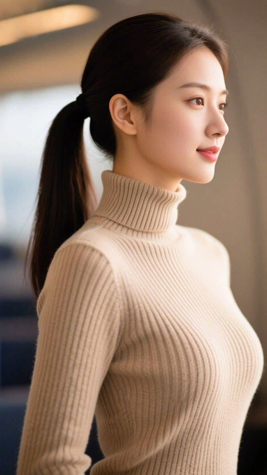 柔绒闲时米驼针织的纹路里，浸着午后轻软的温度。高领妥帖贴在颈侧，像接住了窗