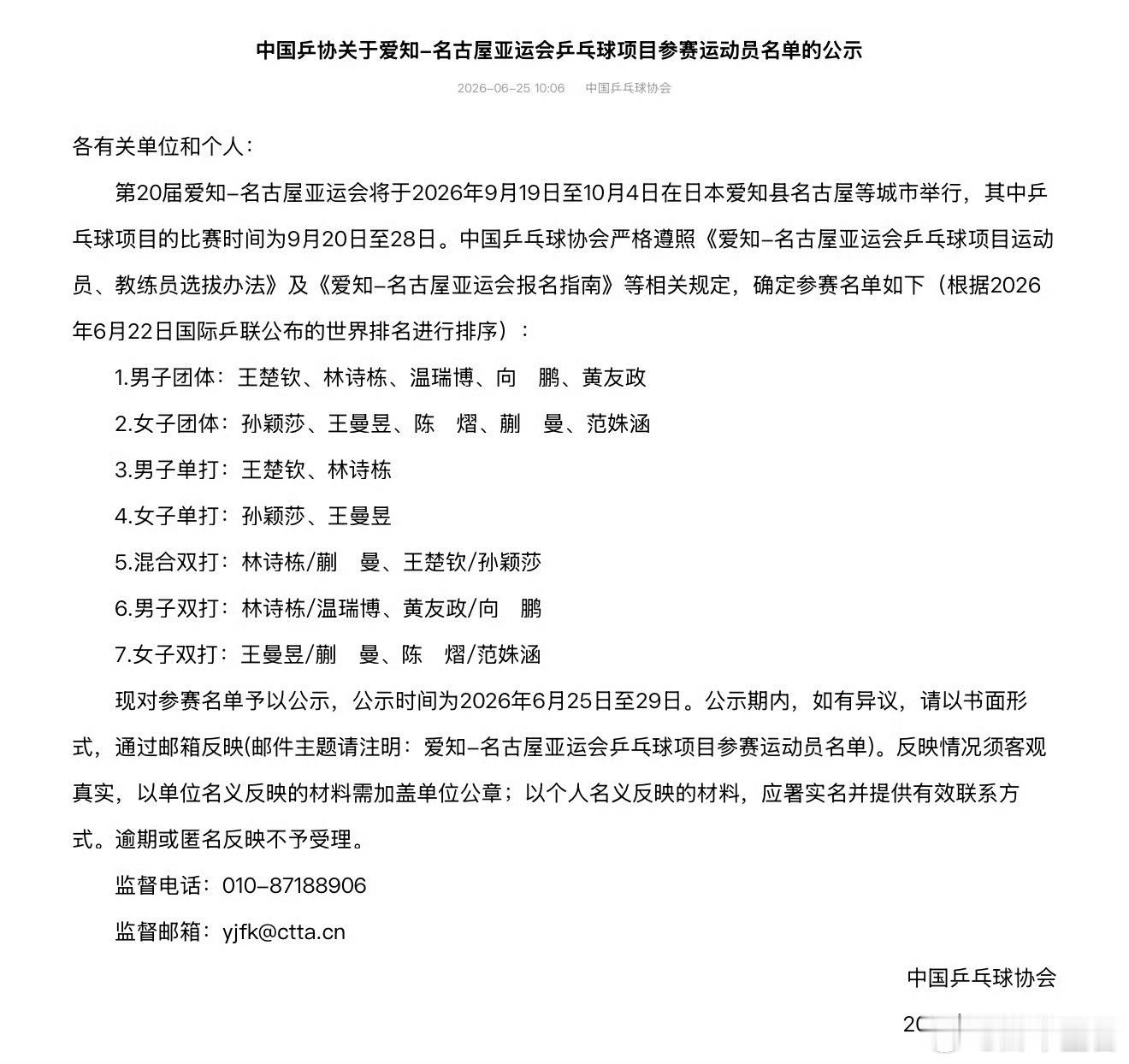 体育比赛国乒亚运会参赛名单公示王楚钦孙颖莎出战亚运会混双中国乒协公示爱知-名古