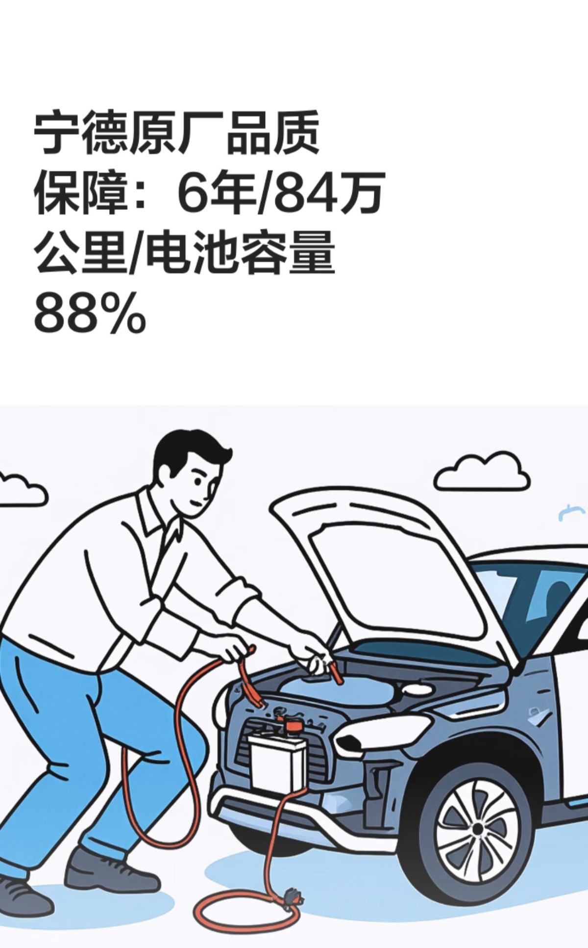 宁德原厂品质保障:6年/84万公里/电池容量88%。宁德时代的质保方案主要针对网约车、出租、物流营运