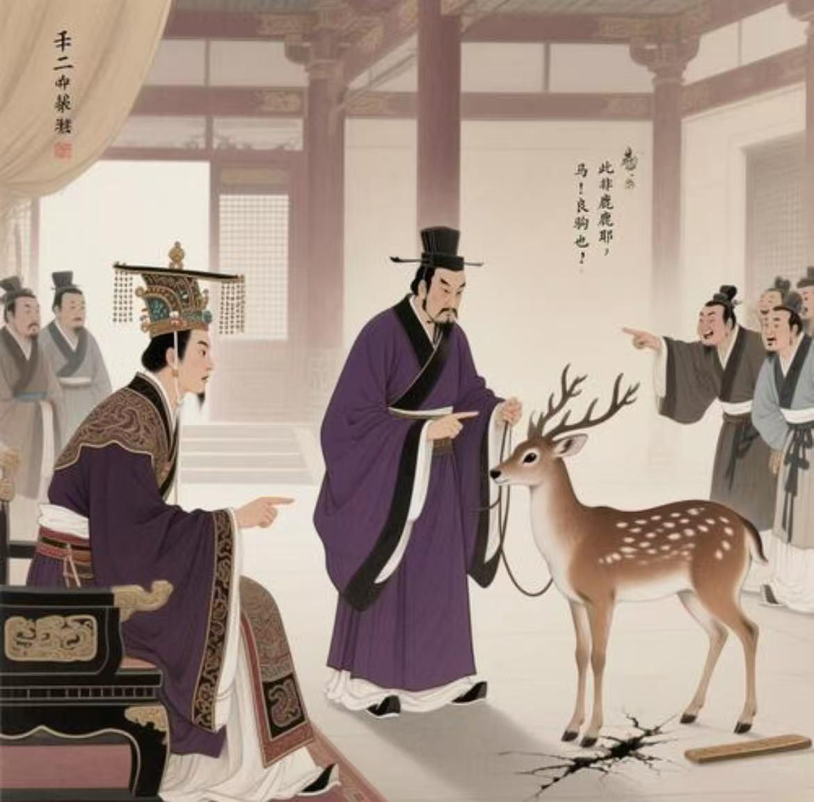 赵高指鹿为马，不是为了测试大臣，是他早就想篡夺皇位。秦始皇在第五次巡游途中突