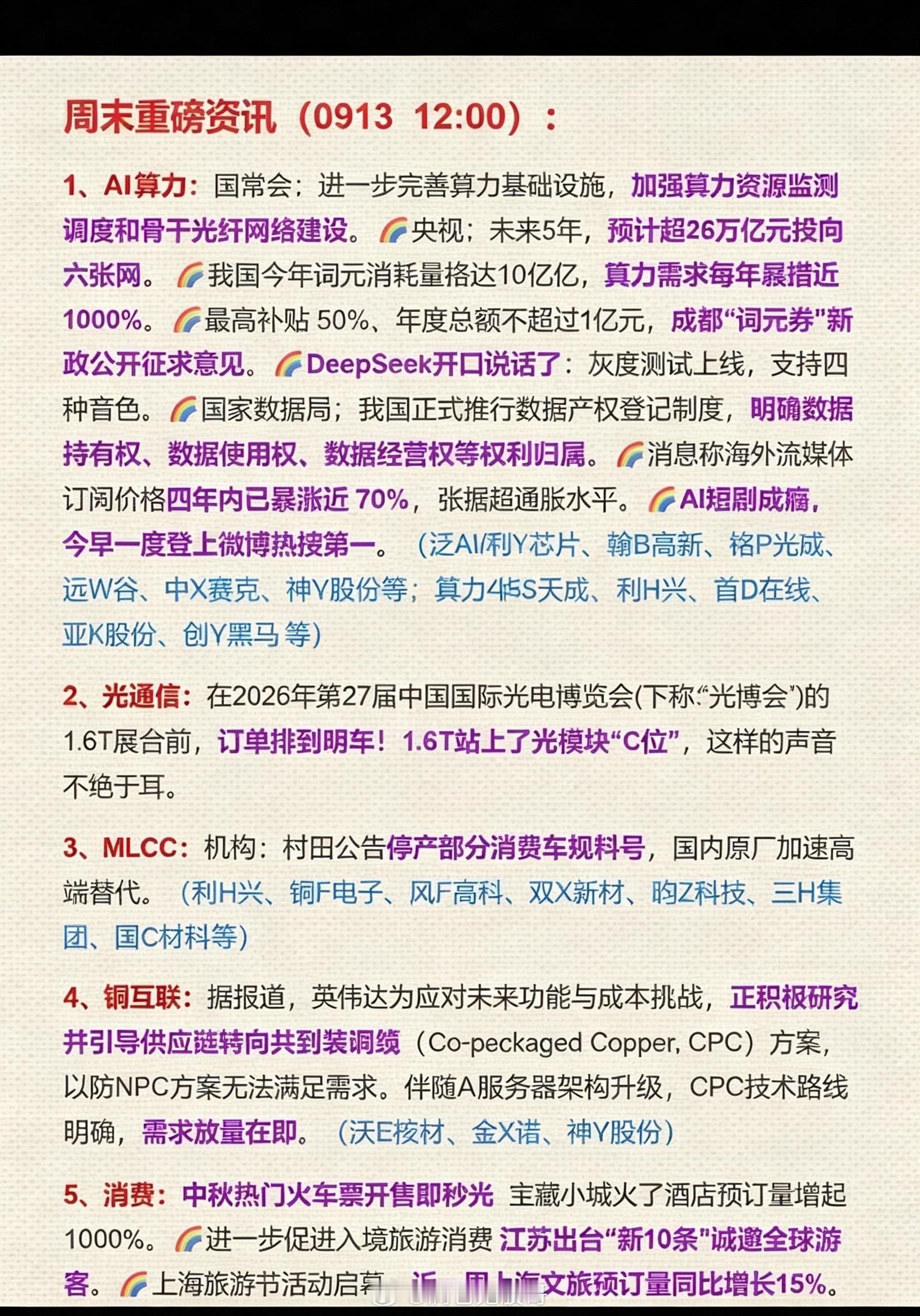 9.13周日周末：财经要闻汇总+热点整理！周末多条产业重磅消息集中落地，AI算