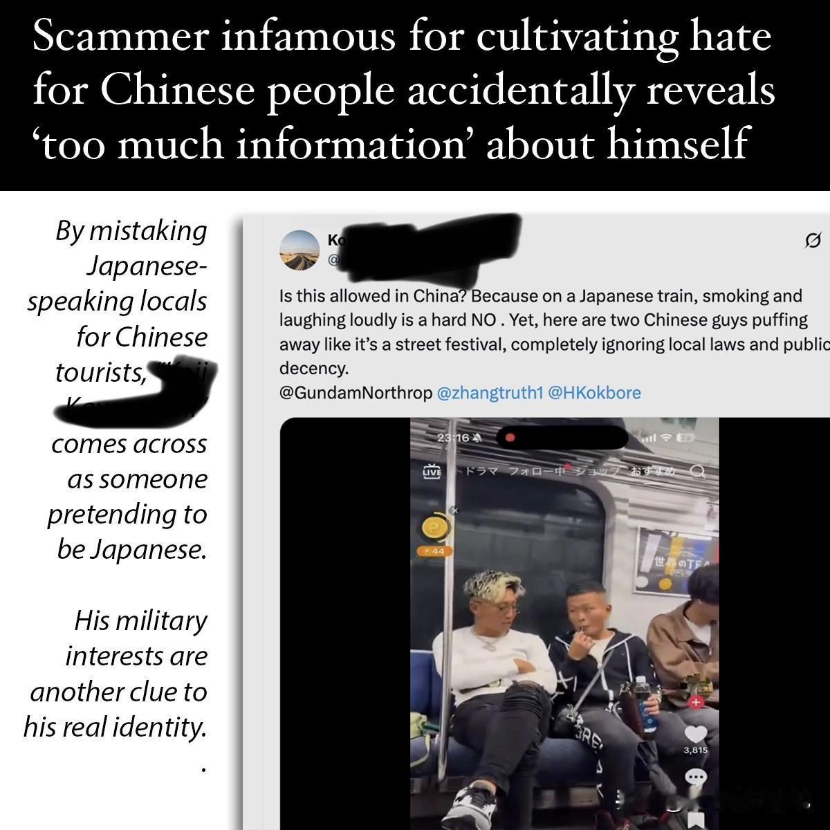 一位臭名昭著的反华人士本周上传了一段视频，点击量超过90万次。视频中，他撒谎两位