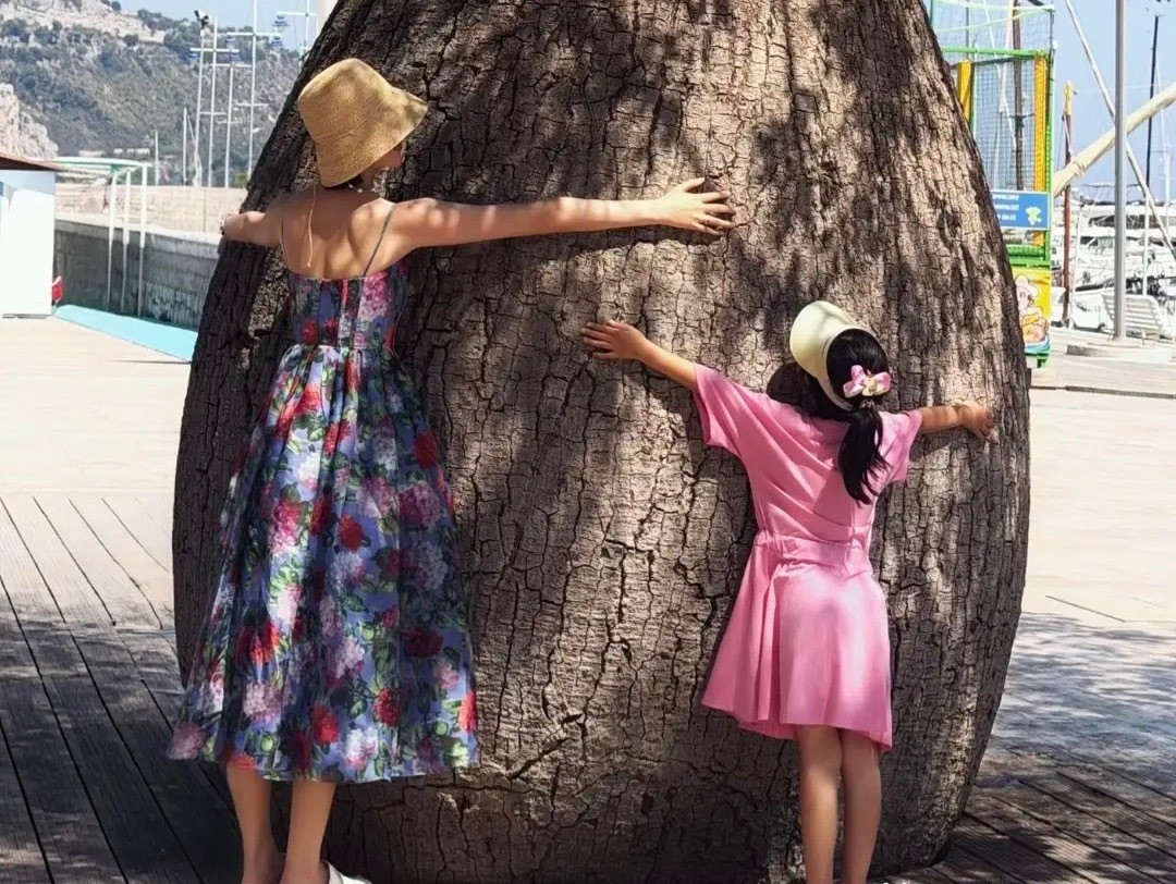 唐艺昕带女儿去法国度假，6岁小小糖穿着粉色裙子出镜，和妈妈一起抱着大树合影，她头