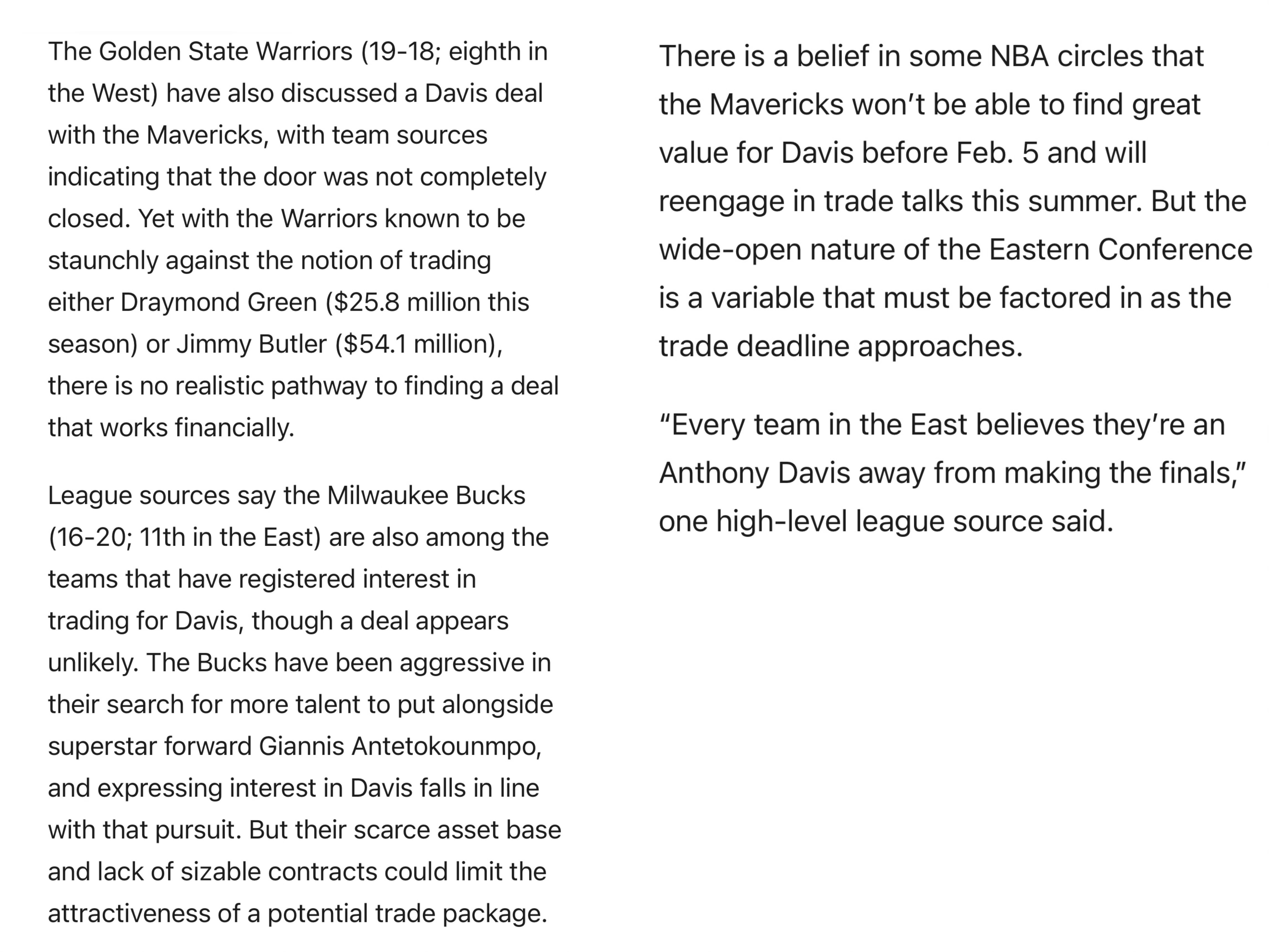 SamAmick：勇士已与独行侠商讨过关于戴维斯的交易，球队消息源透露，这笔交