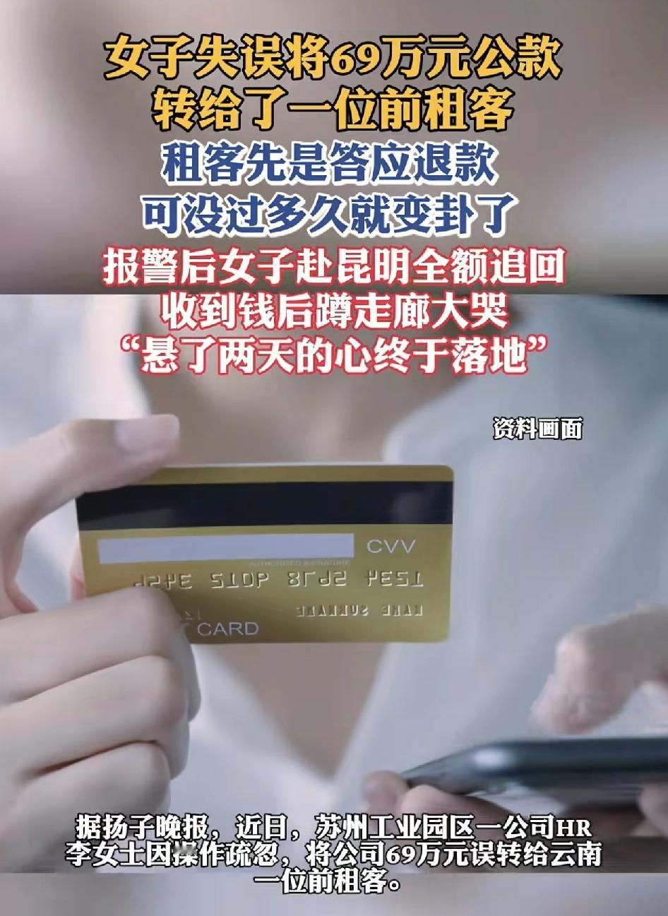 苏州工业园一公司的hr。因为操作失误错把69万元的公款转给了一位云南的前租客。对