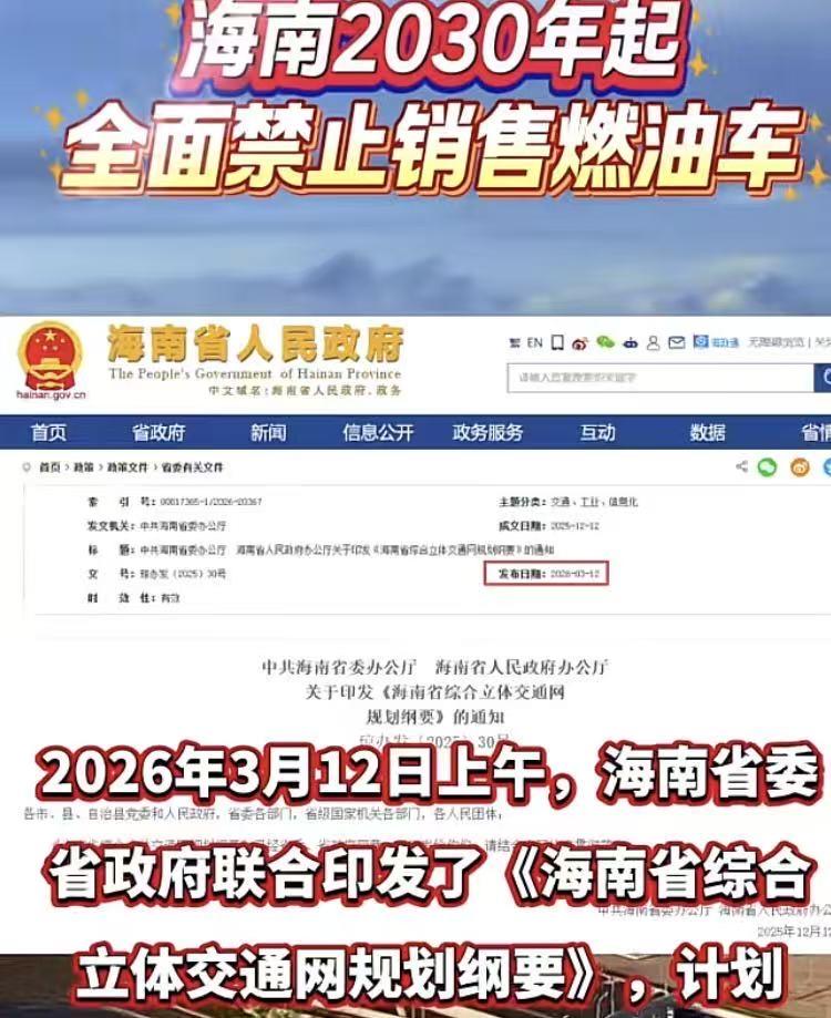 海南正式敲定：2030年全岛禁售燃油车！海南现在电车保有量为54.46万辆，