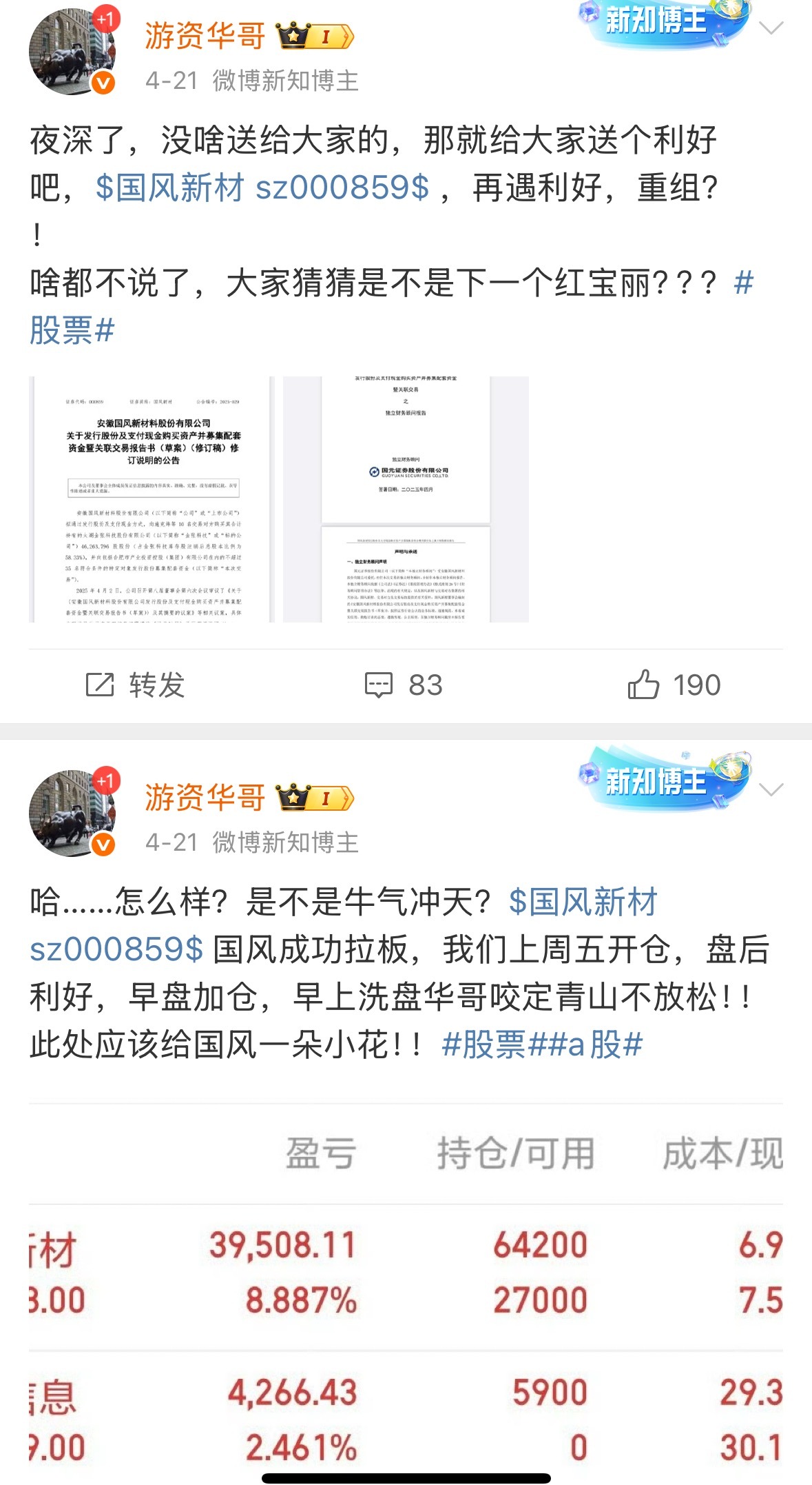 国风新材sz000859，华哥从4月20号跟踪开始做，到现在刚好一个