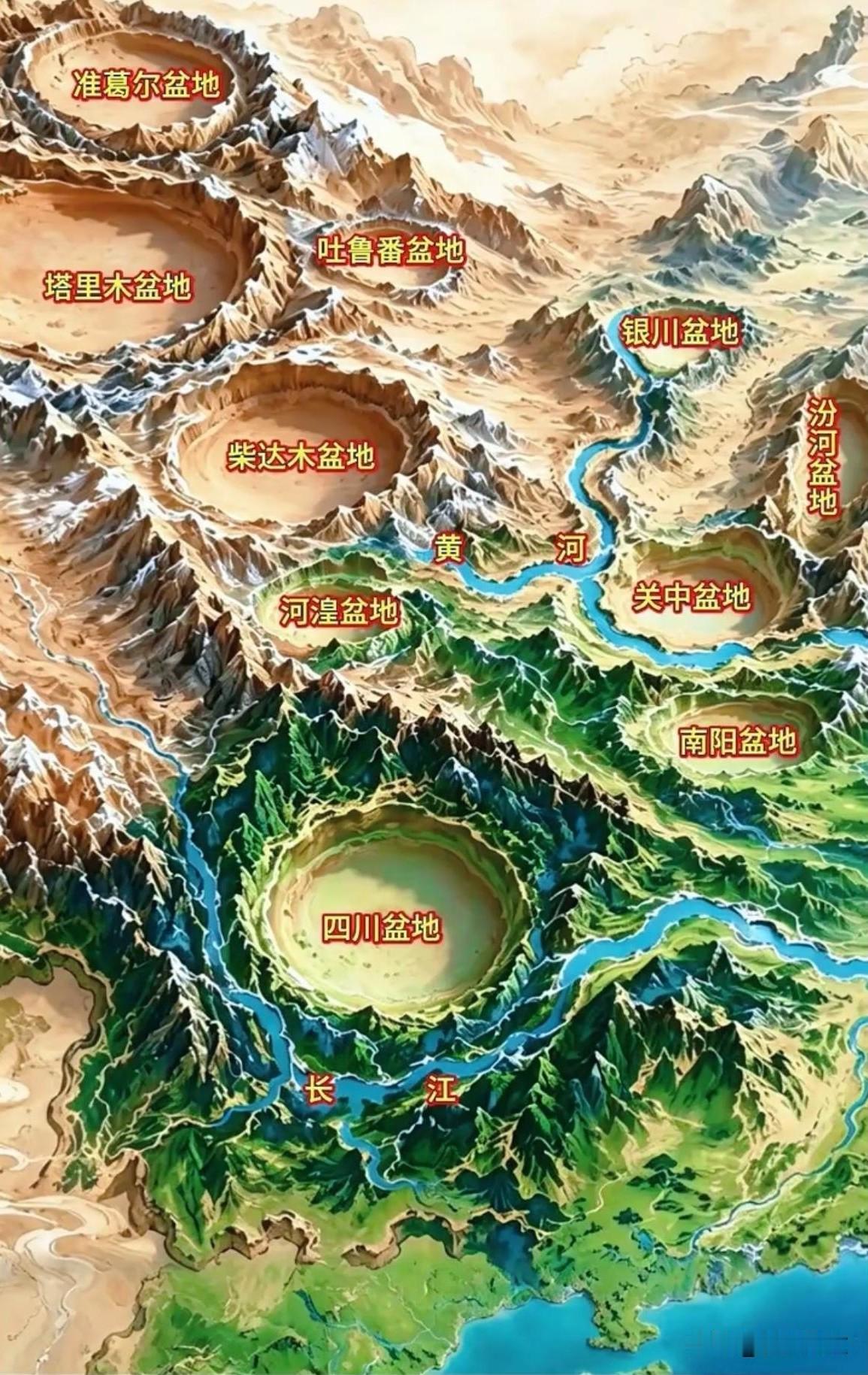 山河藏盆宇：从立体地形图读懂中国十大盆地这张三维立体地形图，以黄河、长江两