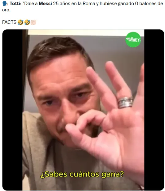 之前托蒂和卡萨诺连线讨论梅西“如果整个职业生涯在罗马效力25年，他会拿到多少个金