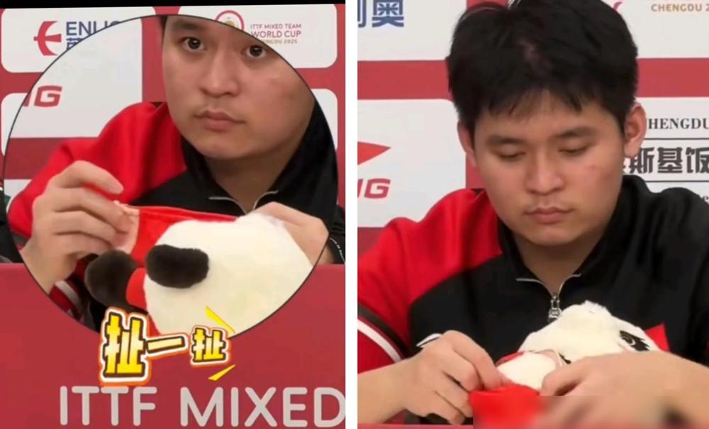 林诗栋不是一般的调皮呀。别人采访，他闲的的无聊把玩偶小熊猫的裤衩子脱了。那个