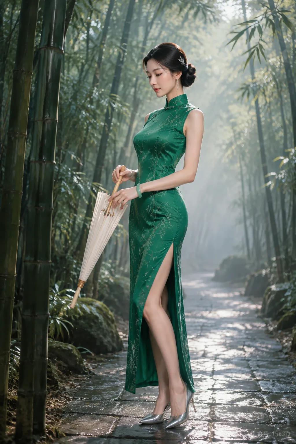 翠竹幽径，光影斑驳间，一袭墨绿旗袍裹着玲珑身段而来。高开衩处，修长玉腿若隐若现，