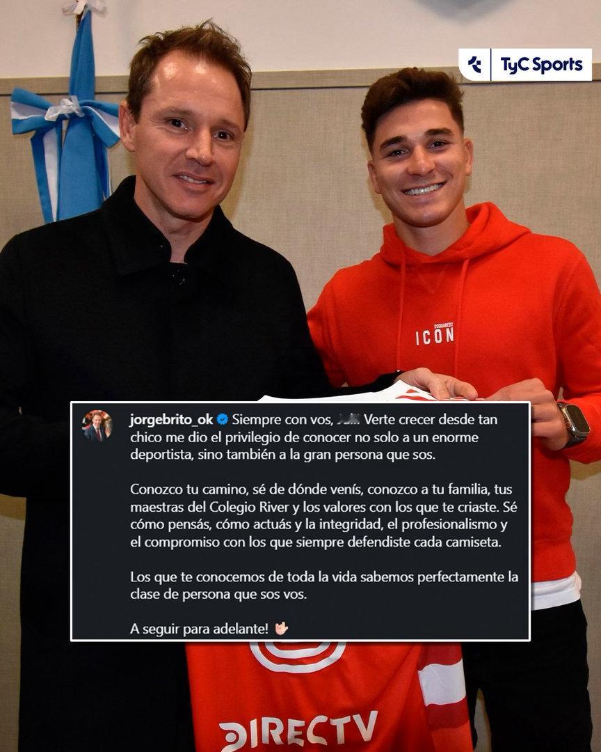 📲🇦🇷河床前主席豪尔赫·布里托声援阿尔瓦雷斯🔴⚪️：“永远与你同在，J