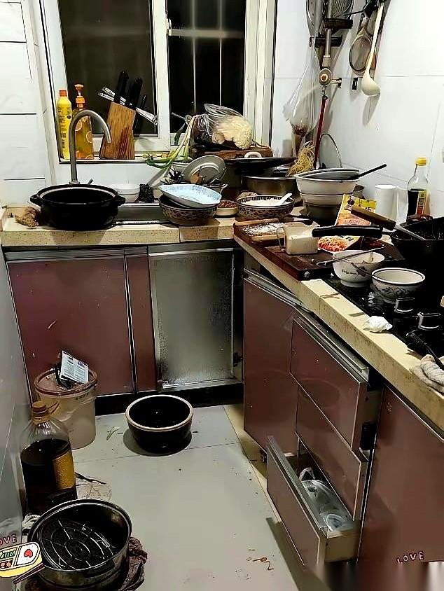 儿媳妇说今晚她做饭，我心里还挺高兴。结果一推开厨房门，好家伙，我以为是刚打完仗