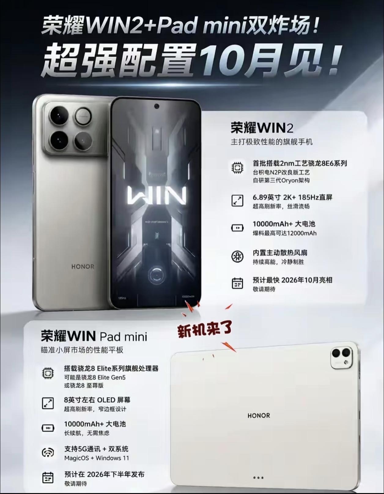 荣耀WIN小平板配置全曝光了！8英寸2KOLED屏+185Hz刷新率+180