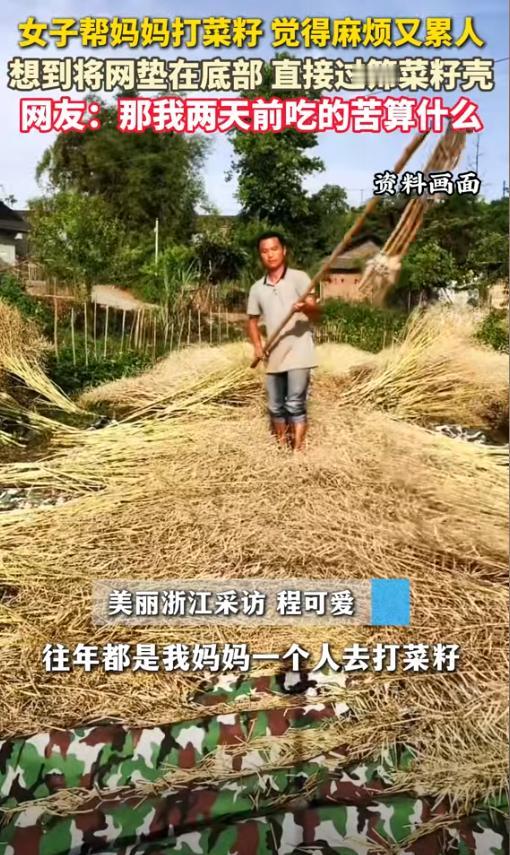 “劳动人民的智慧也太牛了！”安徽，女子心疼妈妈在太阳下打菜籽太辛苦，于是想到一个