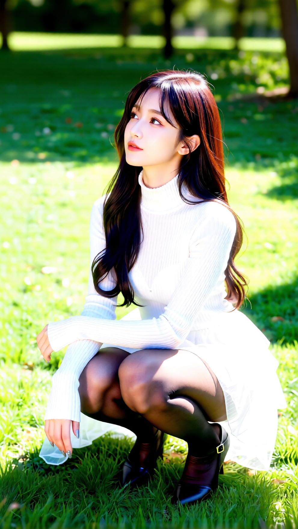 阳光下的甜美少女，白色毛衣与黑色长袜的完美搭配，尽显青春活力！