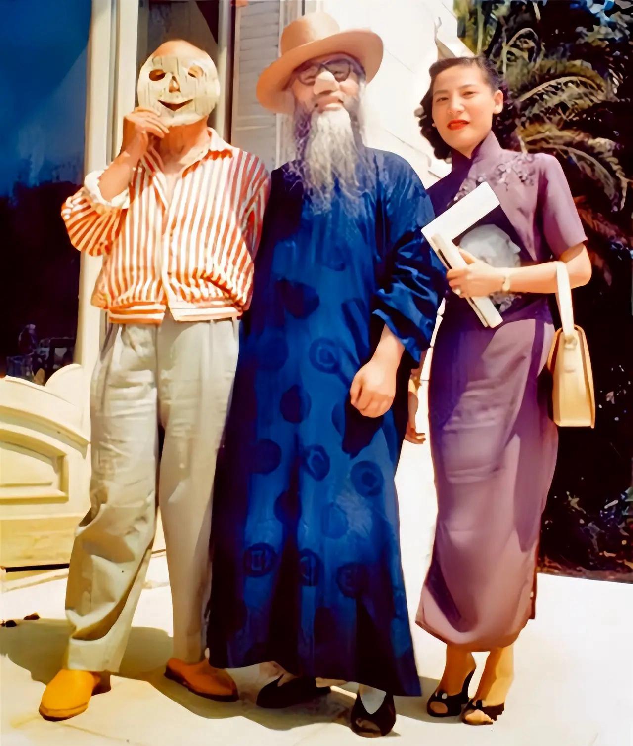 1956年，法国，张大千与夫人徐雯波拜访毕加索时的一张合影，当时张大千应邀在巴黎