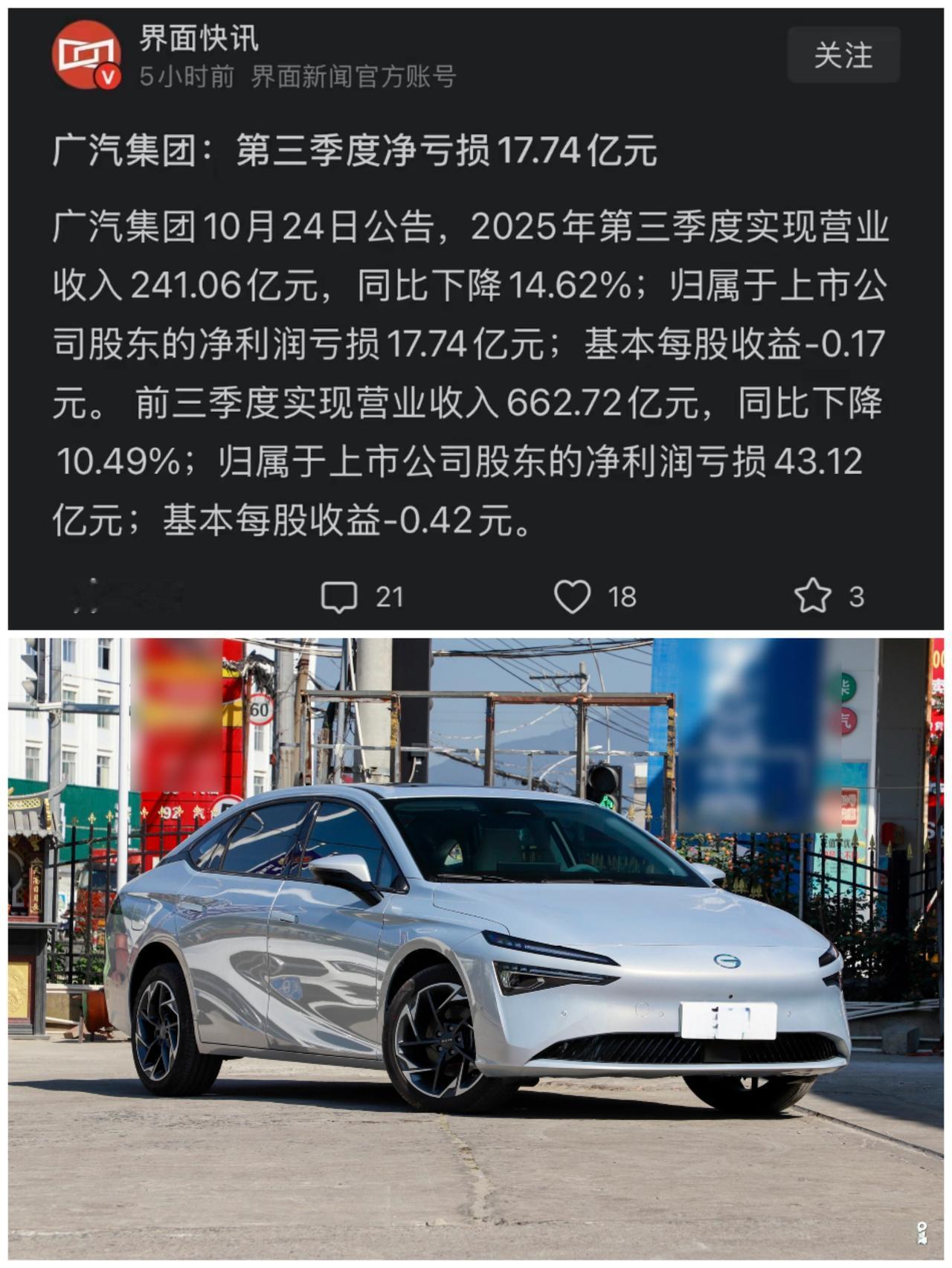 [吃瓜]广汽第三季度继续亏损，今年以来已亏43亿[惊恐]几年前，广汽埃安也曾