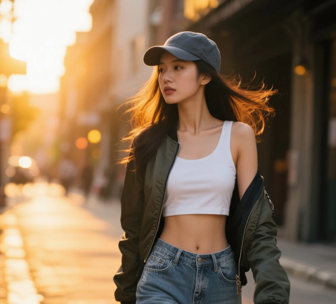夹克外套搭牛仔裤，她的街拍帅得不像话