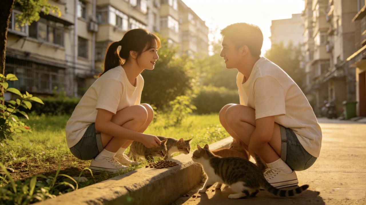 她每天都会在小区里喂流浪猫，猫粮装在旧饭盒里，放在花坛边。有一天，她发现饭盒旁
