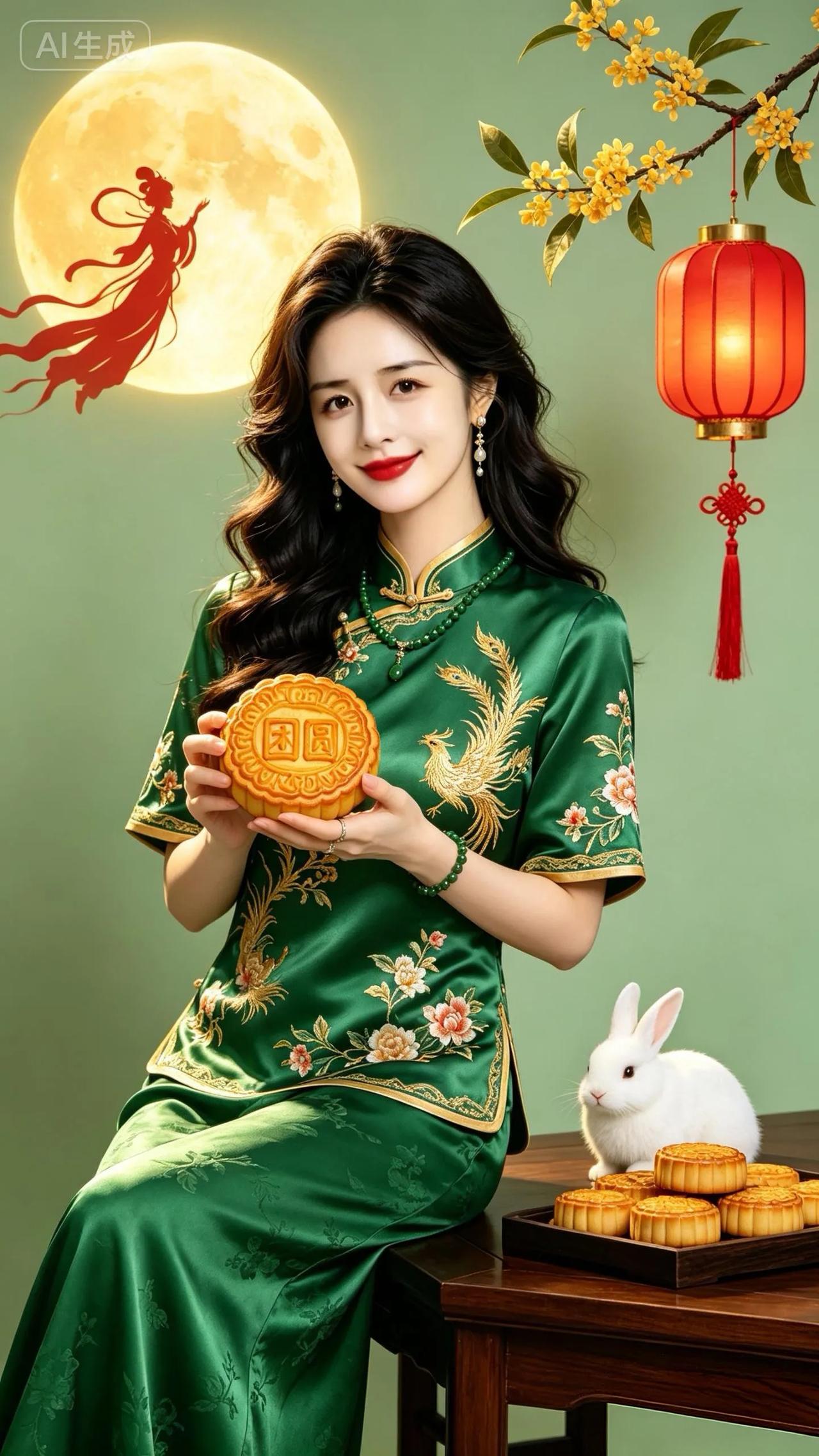 原创七绝●月圆饼甜中秋月亮现嫦娥，玉兔尝饼细咀磨。桂翠花香香四溢，