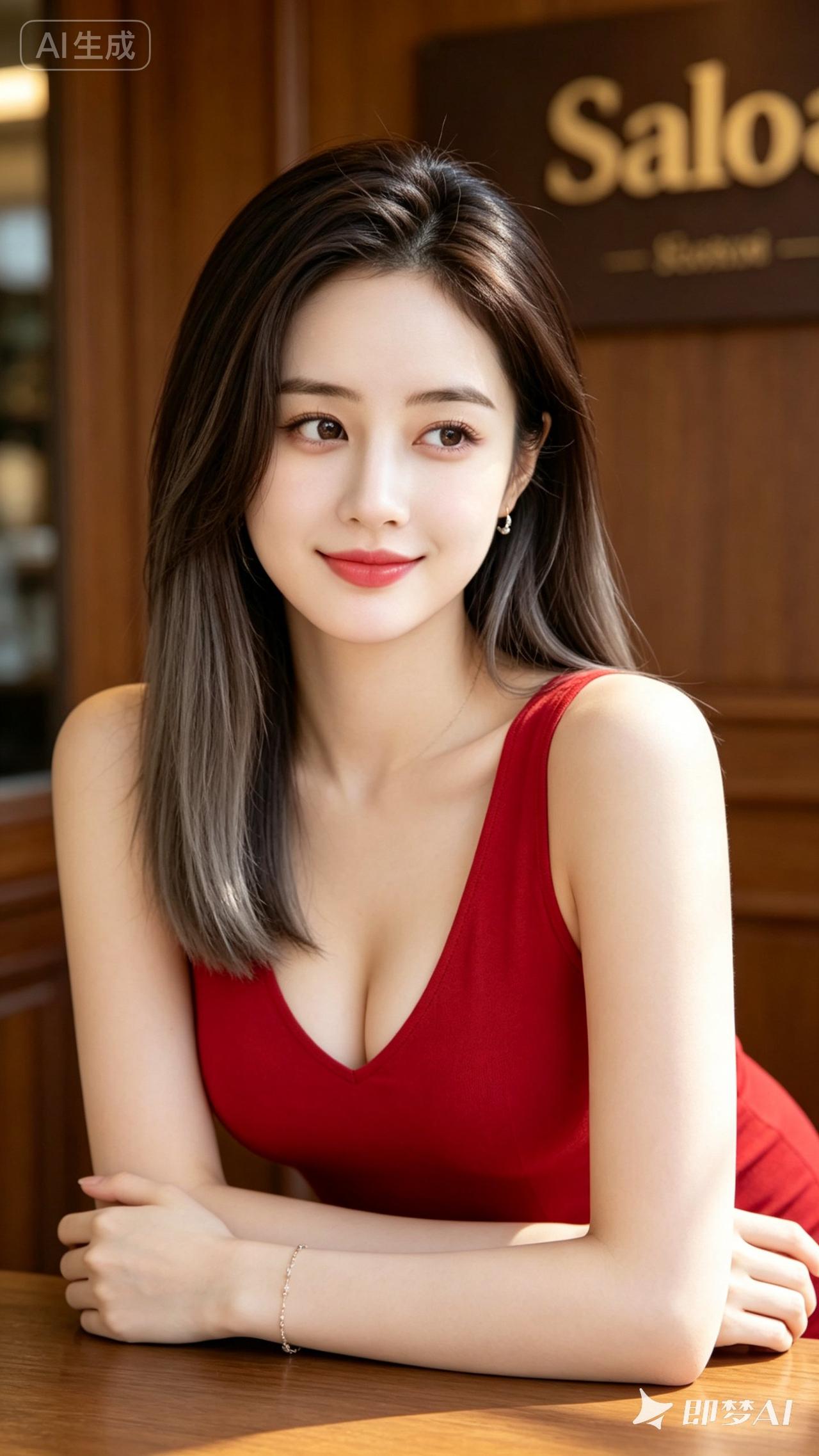 优雅红裙，甜美笑容，咖啡馆里的迷人时刻💄👗🍵
