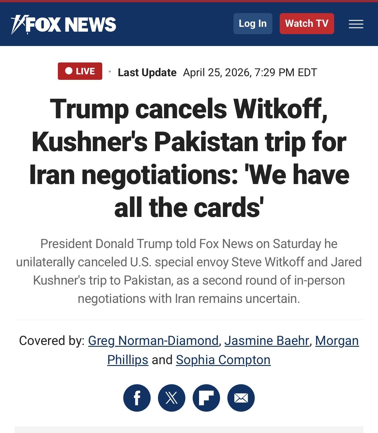 美媒：特朗普称，谈判取消后，伊朗做出了“很多让步，但还不够”美国福克斯新闻(