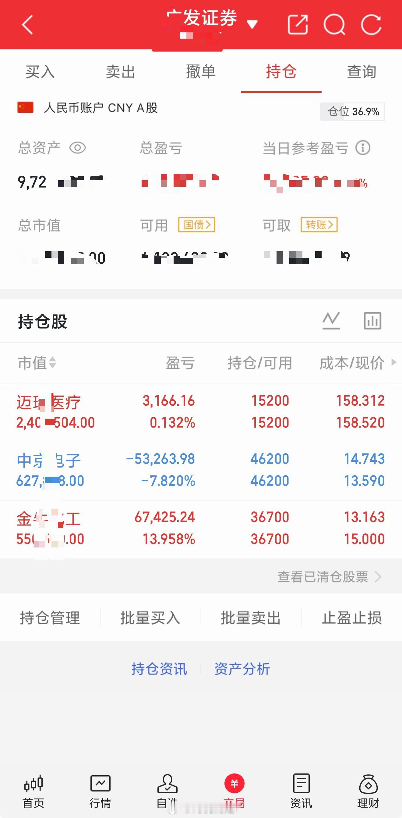 盘面泥沙俱下的时候，最考验交易定力。持仓简要记录：✅迈瑞：底仓小幅浮盈，长期配置