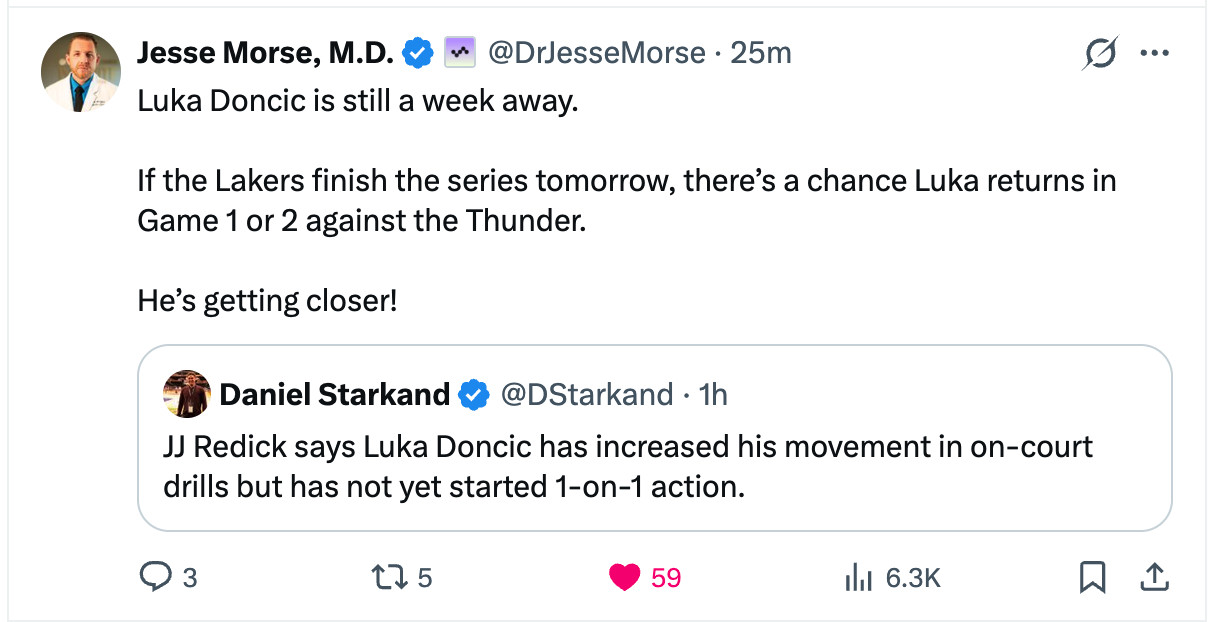 突然间Shams说东契奇下一轮也不打的消息刷屏了，本着不信邪的心理我去推特搜了一