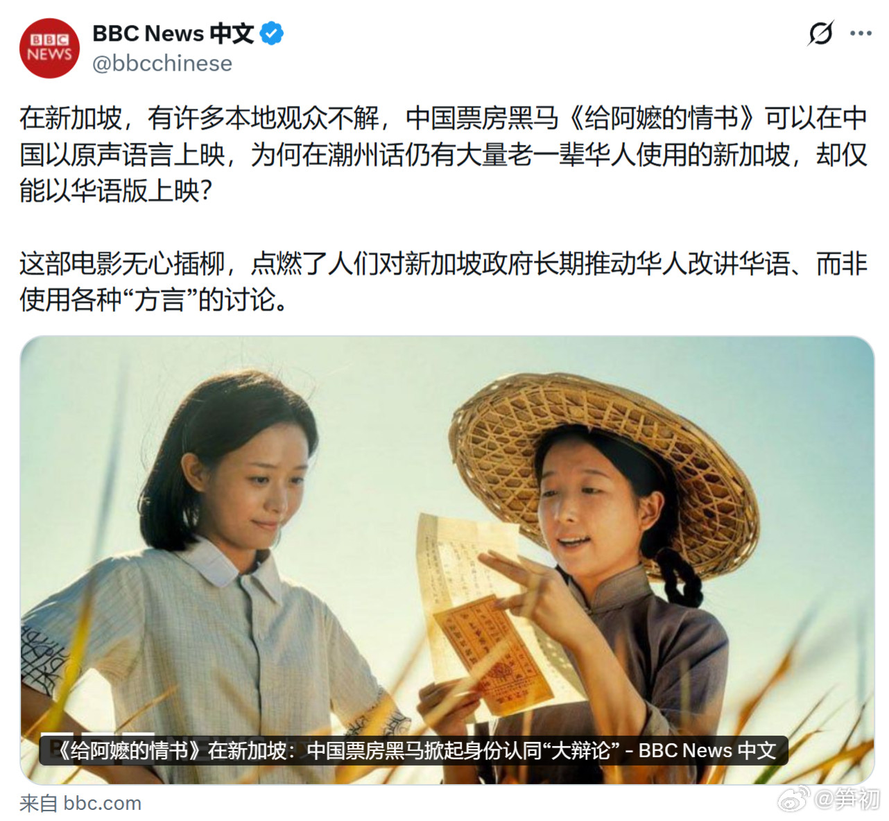 BBC：在新加坡，有许多本地观众不解，中国票房黑马《给阿嬷的情书》可以在中国以原