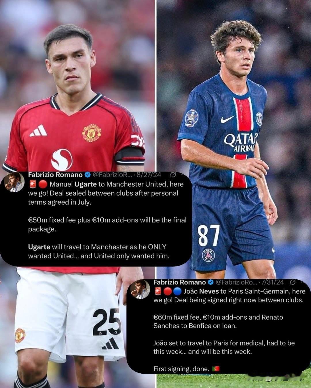 去年若昂·内维斯与乌加特的身价差距仅1000万欧元——而滕哈格执教的曼联当时坚信