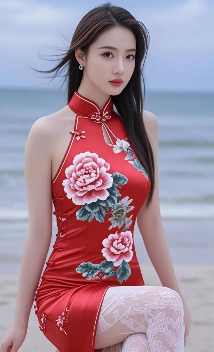 这姑娘在海边穿旗袍真美！旗袍秀东方美人旗袍新中式旗袍美女江南美女旗袍旗袍