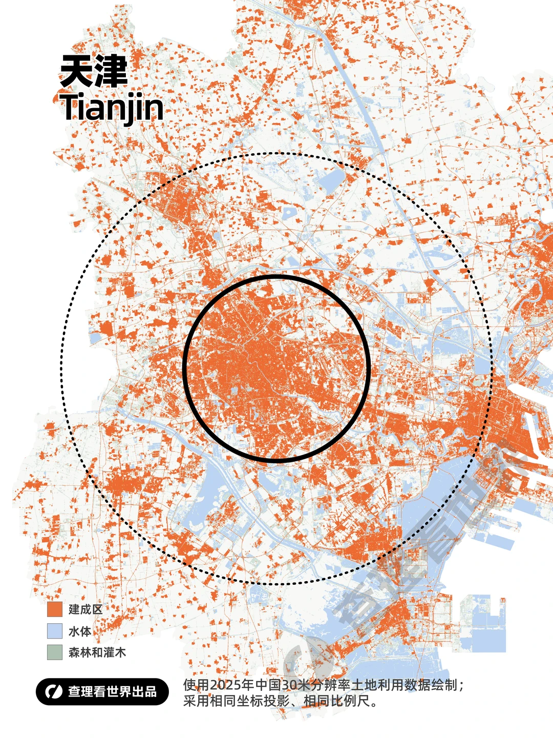 北方三大海港城市・建成区同尺度对比