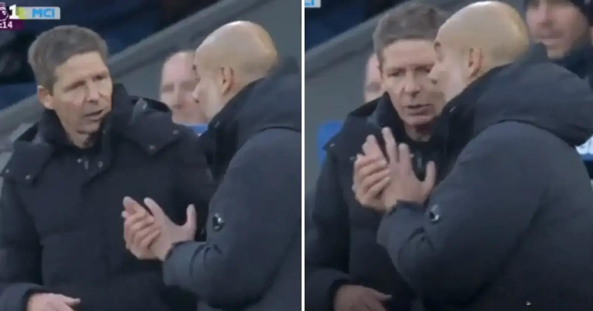 水晶宫0比3曼城在福登扩大领先优势之前，水晶宫主帅格拉斯纳和曼城主帅瓜迪奥拉在