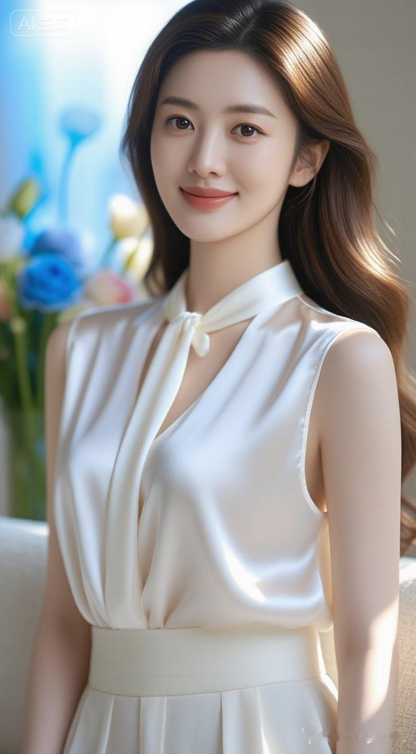 她端坐沙发，肤若凝脂，白得发光。真丝雪纺飘带上衣如云雾萦绕，与微卷长发勾勒出优雅