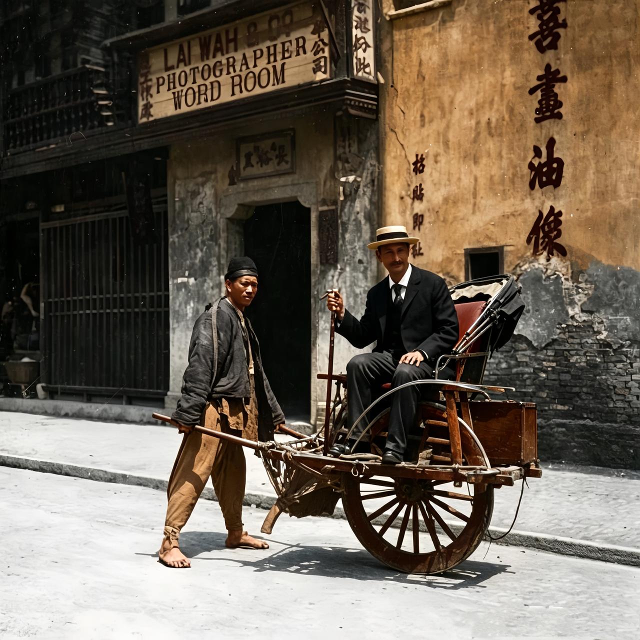 这是1901年上海长裕里街一名车夫推着一辆独轮车。车上坐着一名外国人。这种木车根