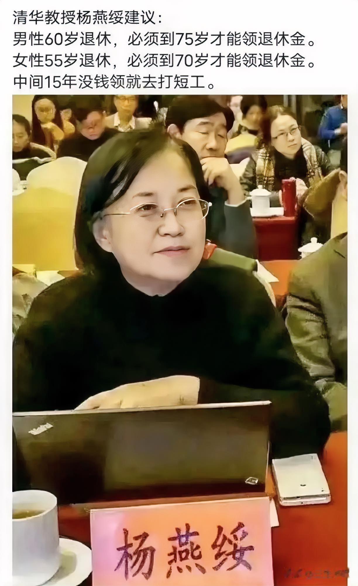 清华教授杨燕绥建议：男性60岁退休，必须到75岁才能领退休金。女性55岁退休，必