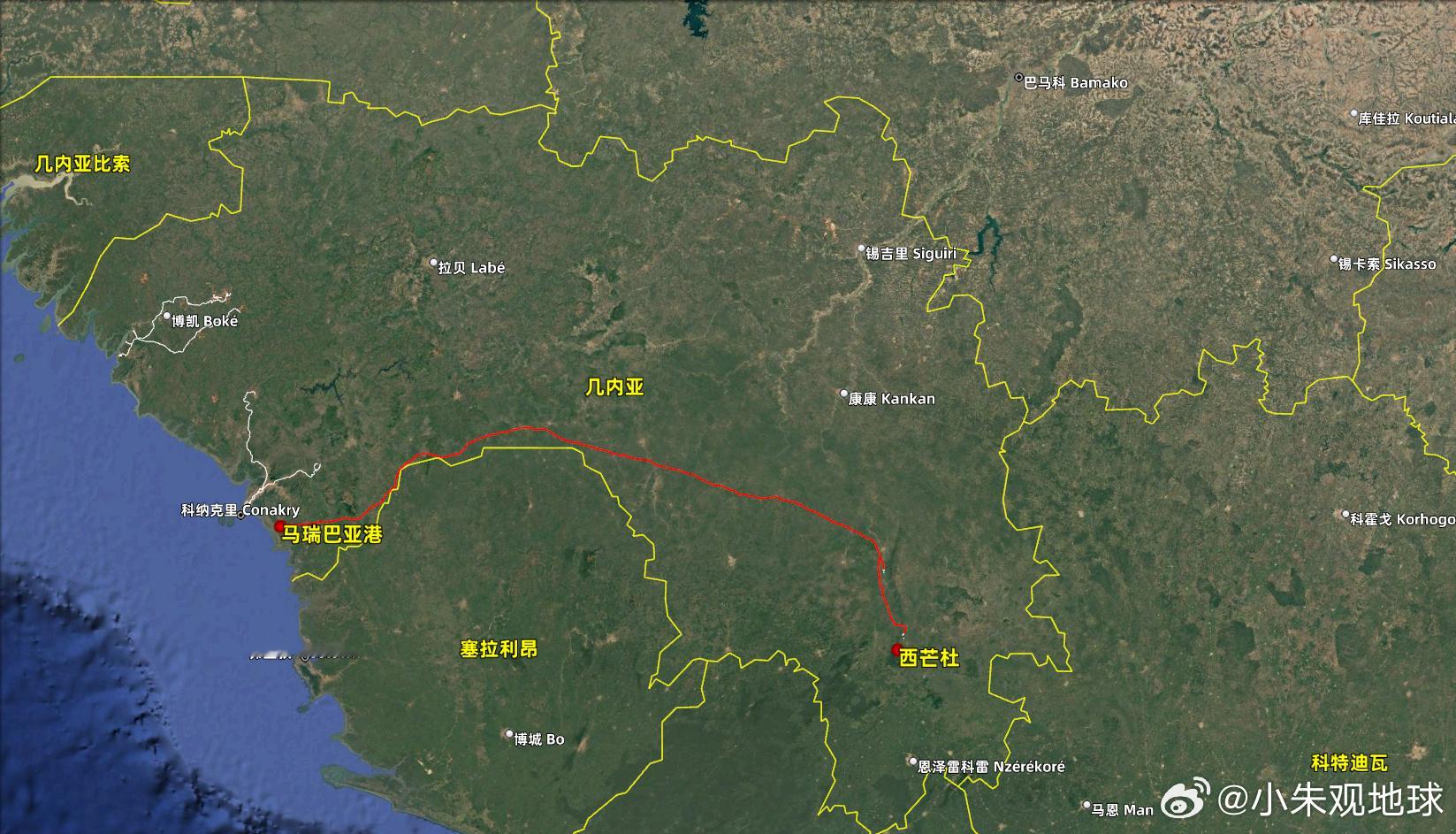 马西铁路（红线）是几内亚世界级西芒杜铁矿规模化开采、海铁联运的重要配套工程。铁路