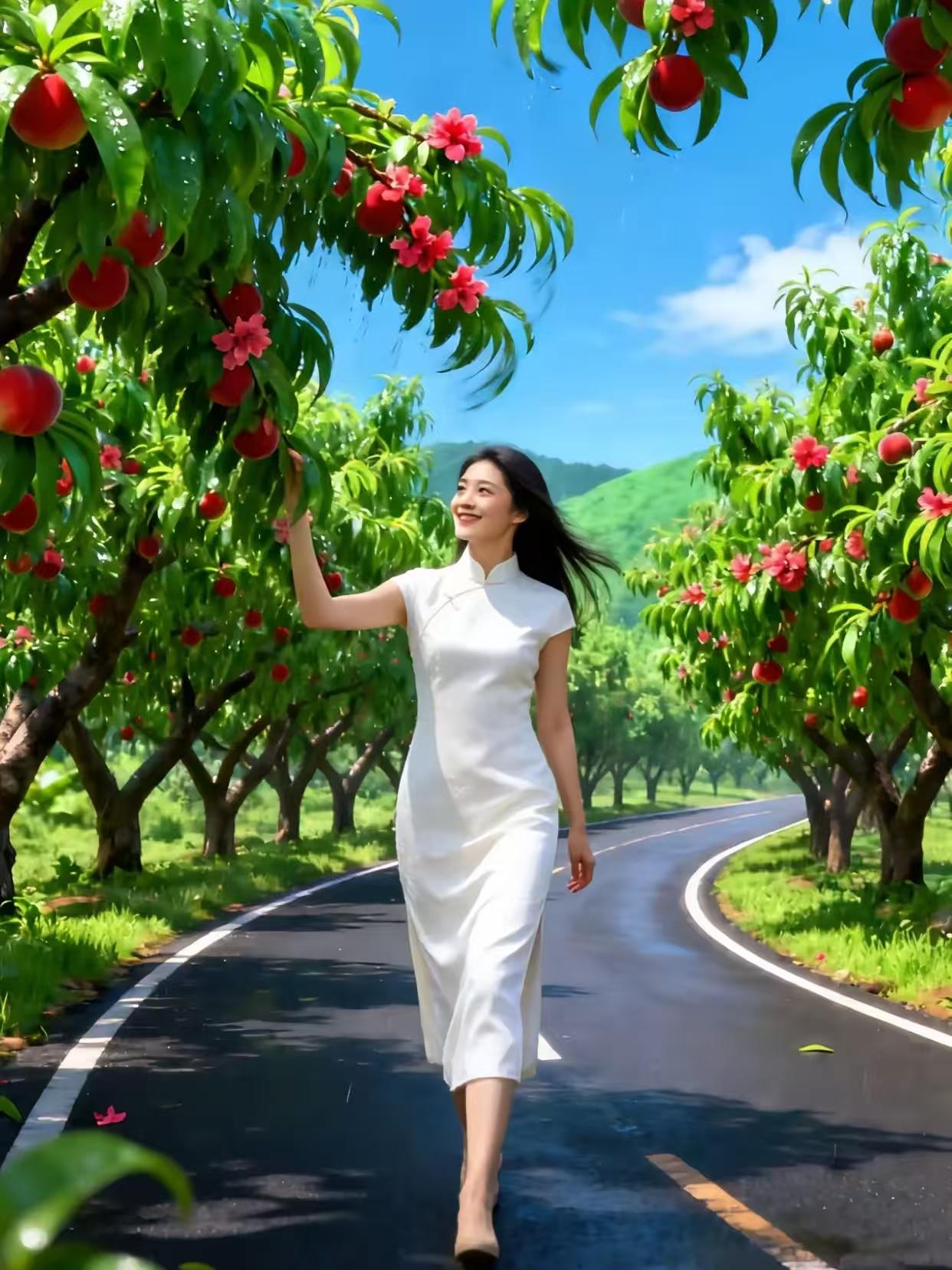 天净沙·果园漫步疏雨初歇晴柔，繁桃缀满枝头，闲步清风野畴。满园鲜果，悠
