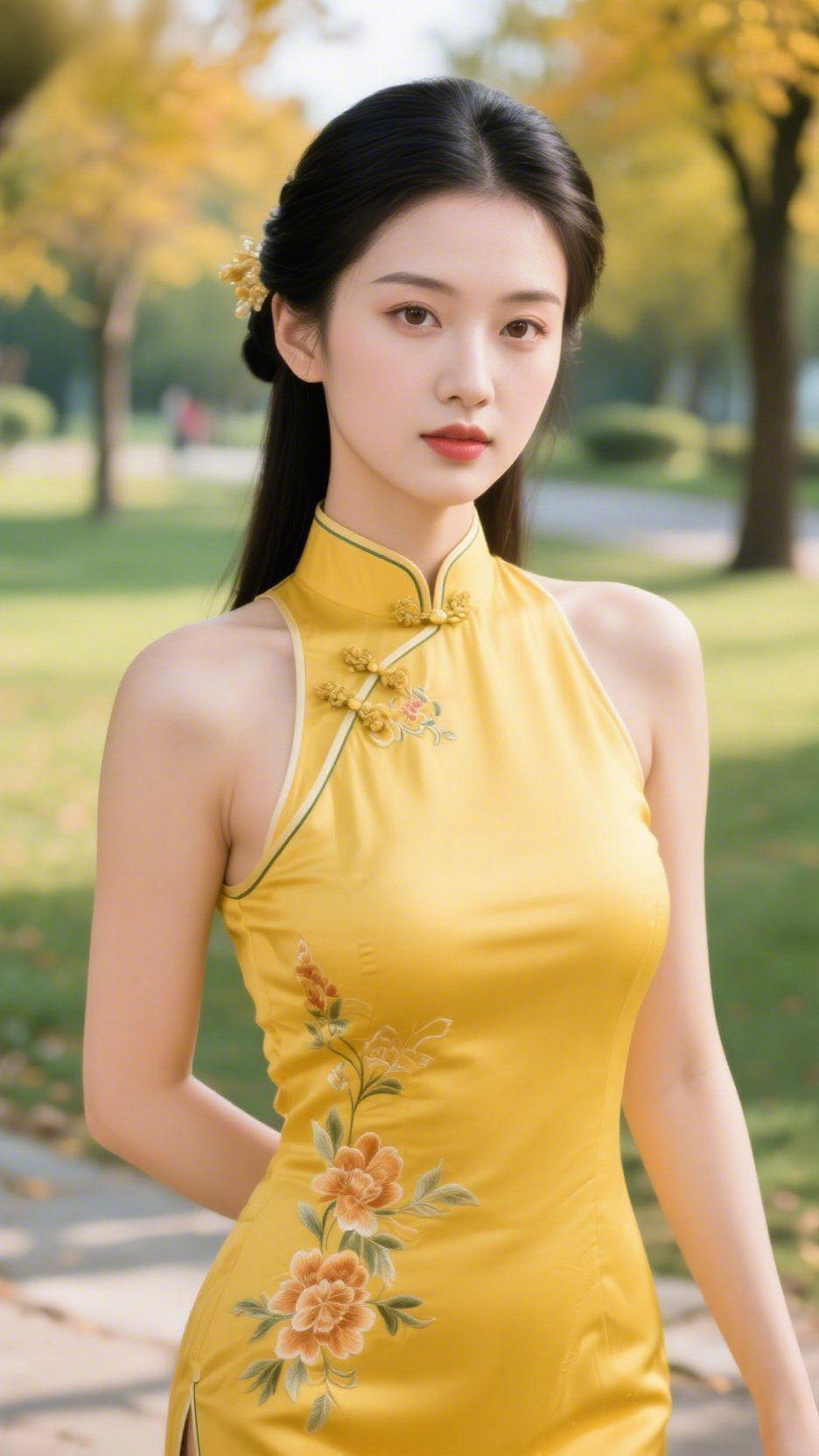 秋光里的黄旗袍风裹着桂香掠过林径时，她像浸了蜜的秋阳立在光影里——明黄旗袍