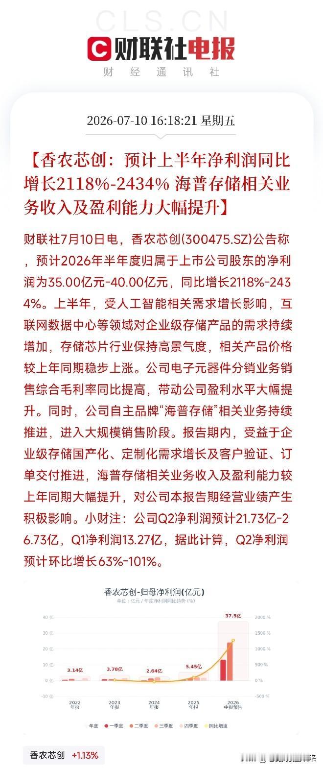 收盘后，一条业绩预告像一颗深水炸弹，炸响在近期因存储芯片价格博弈而略显躁动的A股