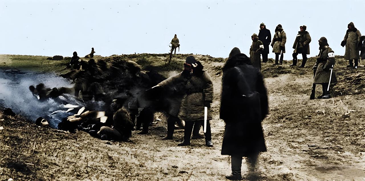 1938年，在一片荒凉的旷野上，身着厚重冬装的日军或手持武士刀、或冷漠围观，对反