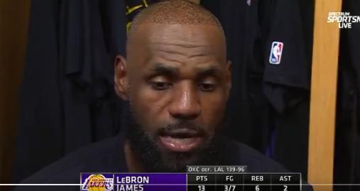 詹姆斯对于湖人的未来几场比赛发出警告，詹姆斯说：“在这个联盟，永远不要掉以轻心。