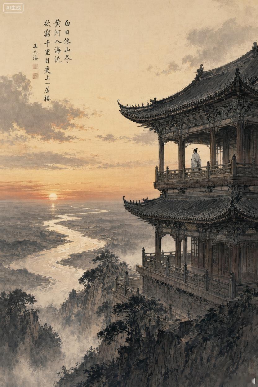 GPT-image-2提示词分享：吴冠中水墨画风格。画面正中是一座3层中