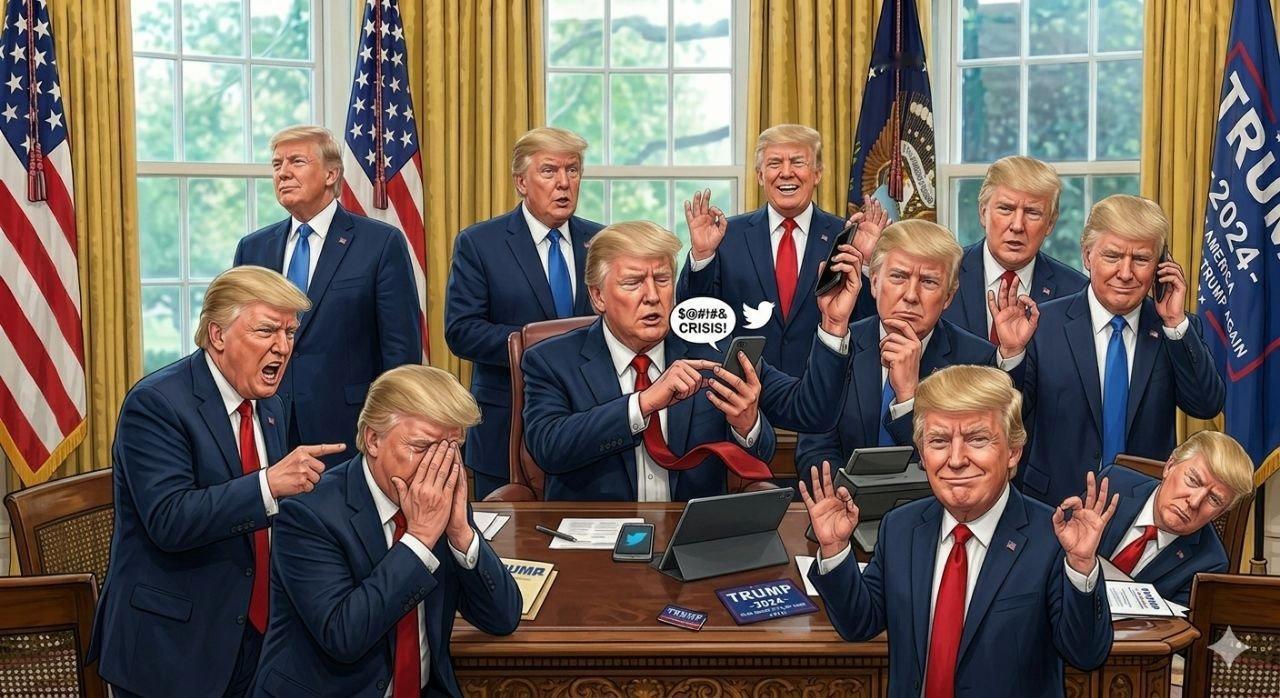 今天（4月26日），伊朗驻泰国大使馆发了一张多个特朗普面孔在白宫办公室的照片，并